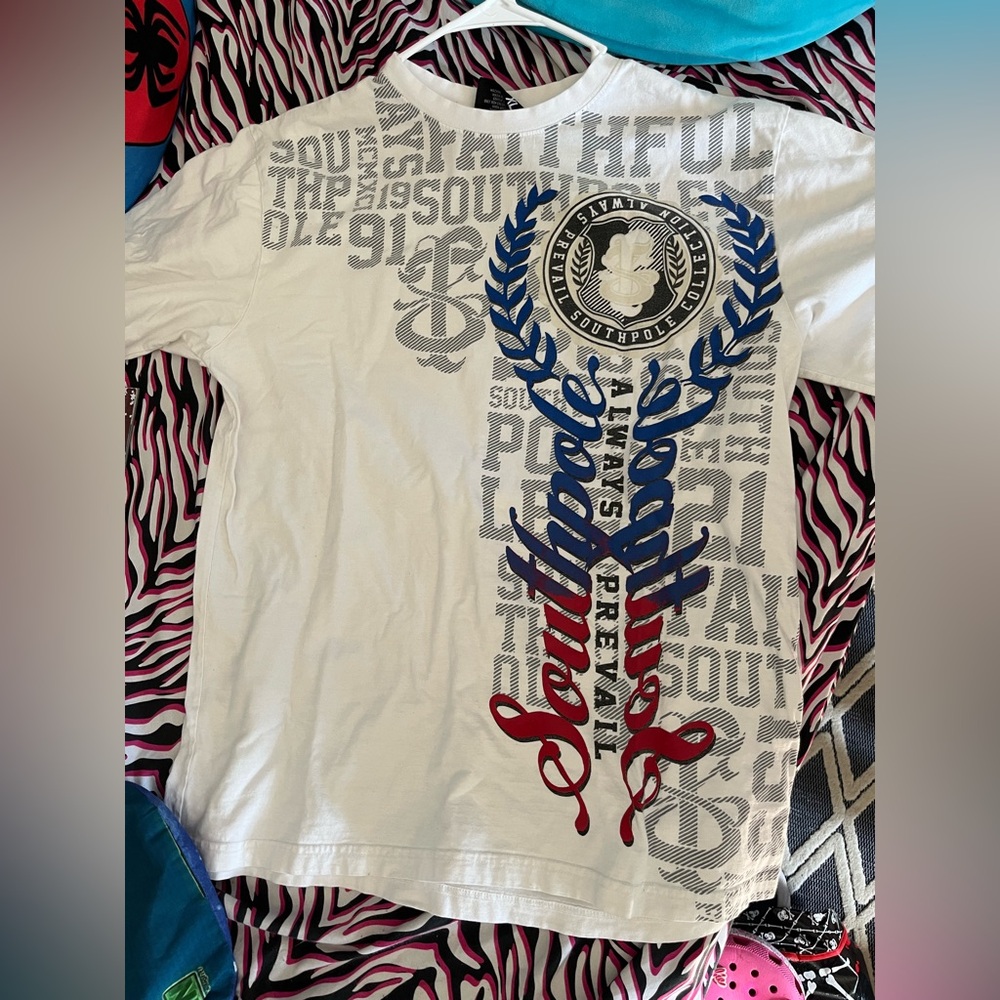 RARE Southpole White Graphic Tee with Blue and Red Design